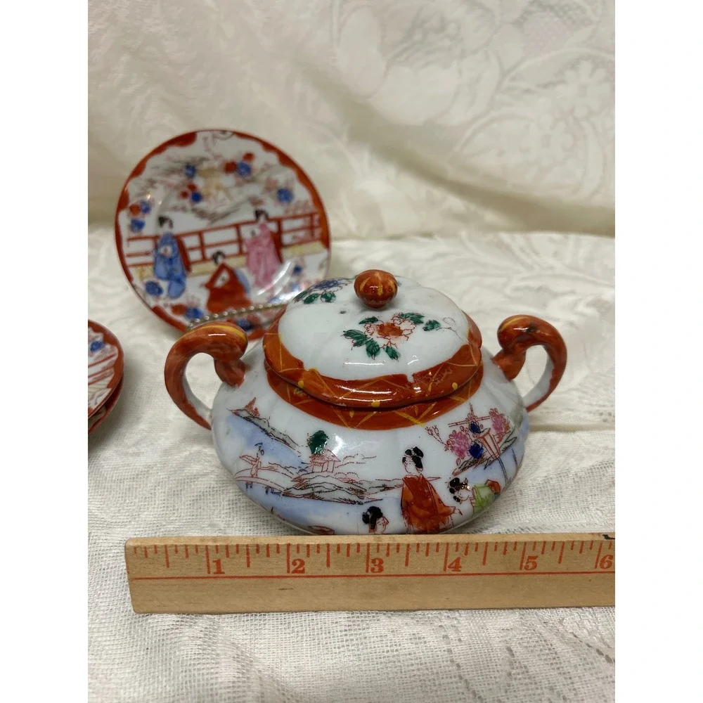 Vintage Japanese Three Geisha‎ Girls Porcelain Sugar Bowl, Lid and 3 Saucers Set